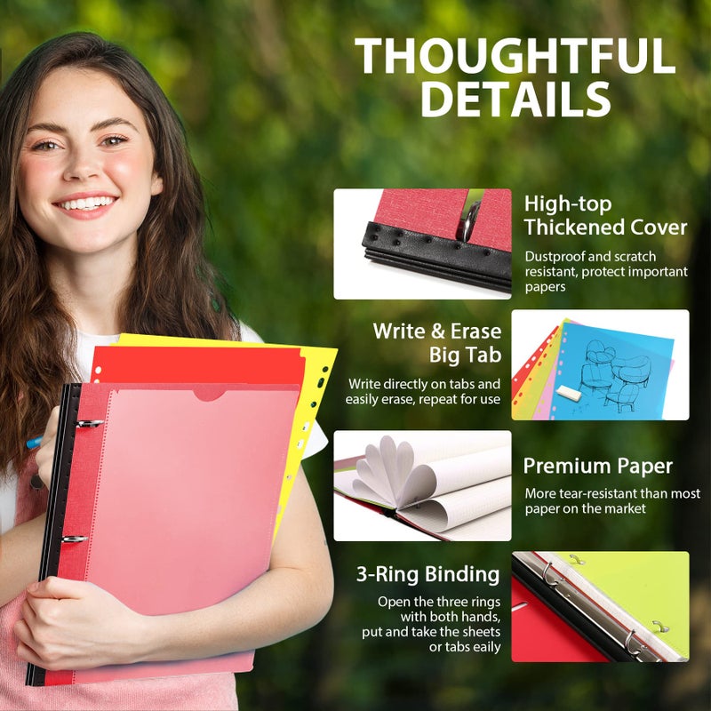 WOT I 2-Pack Telescoping 3 Ring Binder Notebooks - Customizable Cover, 5 Dividers & Pocket Folder in One Slim Organizer (60 Sheets Included), Red - Image 3